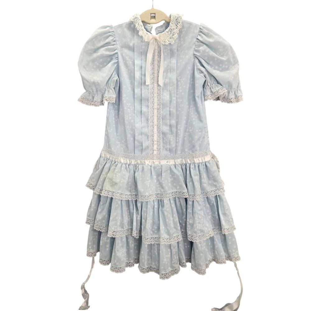 Vintage Mini World Inc Girls Blue Floral Lace Tiered Prairie Cottage Dress Sz 8